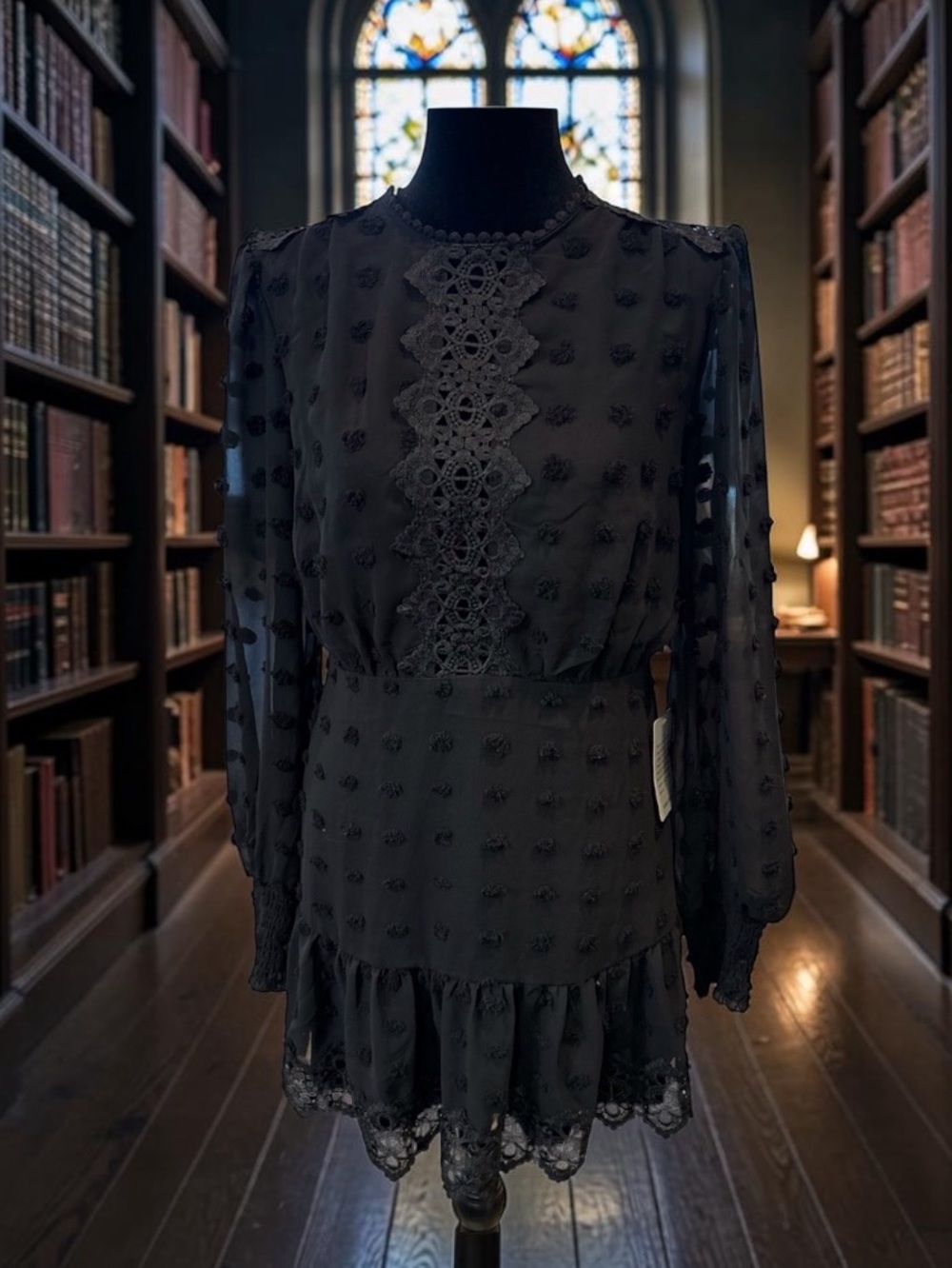 Love By Design Black Long Sleeve Lace-Detail Mini Dress